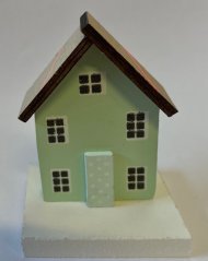 Dekorace - dřevěný 3D domek na podstavci .6cmL x 4,5cmW x 9cmH