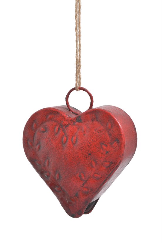 Dekorace kravský zvonec ve tvaru srdce, zvonec 10cm, závěs 18cm