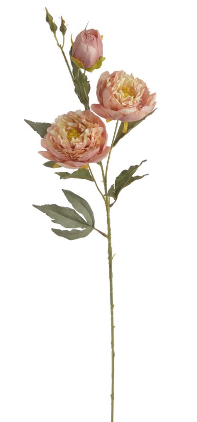 Umělá pivoňka na stonku s listem - 2 květy a poupě, květ Ø 10cm, celková dl. 87cm