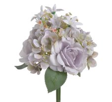 Svazek umělých růží a hortenzií s doplňky a listy, růže Ø 7cm, dl. 31cm