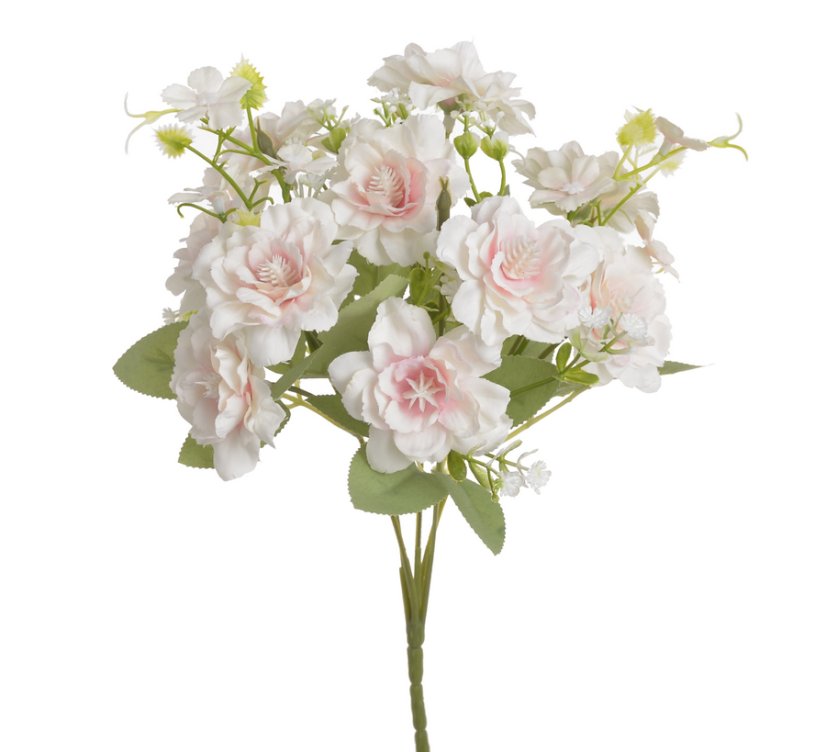 Kytička umělých mini růžiček s listy a doplňky, růžička Ø 5cm/dl. celkem 30cm