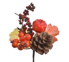 Zápich podzim s dýní, bobulemi, šiškou a listy, dl. 23 cm