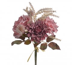 Umělá kytice míchaná z růží, dáhlií, bodláků a doplňků dl. 37cm