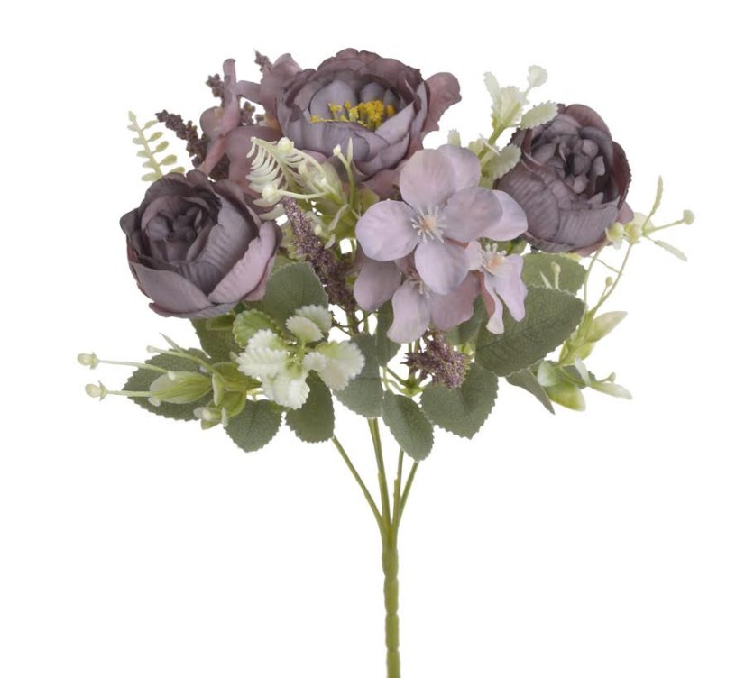 Kytice umělých hortenzií a pivoněk s doplňky a listy dl. 28cm