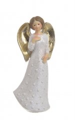 Keramický glitrovaný anděl se zlatými křídly a srdíčkem 16,5cm