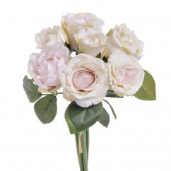 Umělá květina růže - 5 květů a 2 poupata s listy 25cm - svazek