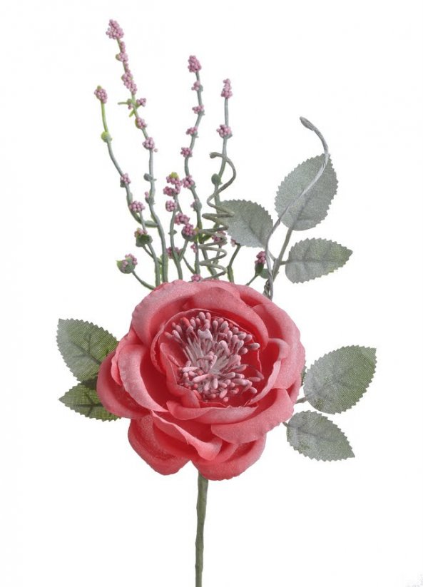 Květ umělé růže s doplňky a lístky, květ Ø 8cm, zápich dl. 25cm_55