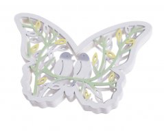 Dřevěná dekorace 3D motýl vykrojený, s motivem ptáčků a lístků 16 cm