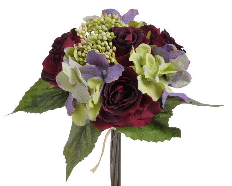 Kytice umělých hortenzií a růží s doplňky a listy dl. 30cm