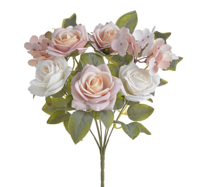 Kytice umělých rozkvetlých růží a hortenzií dl.celkem 44cm