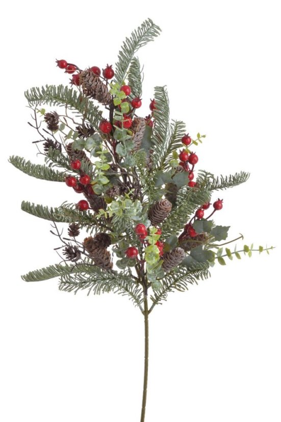 Umělá větvička hlohu s chvojím a šiškami 68 cm