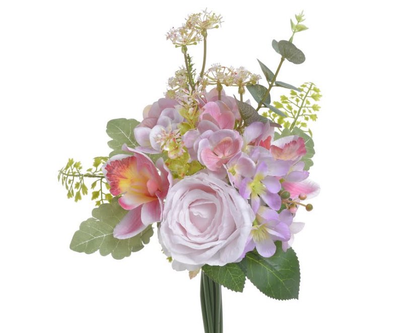 Umělá kytice z růží, hortenzií, orchidejí a doplňků dl. 37cm