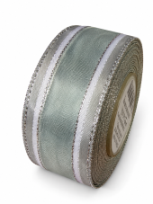Monofilová stuha s vlascem 40 mm × 25 m – šedozelená/stříbrná