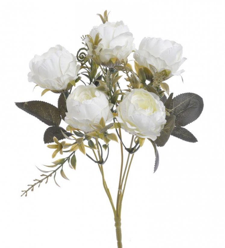 Kytice umělých růžiček s doplňky a listy, květ Ø 5cm/dl. celkem 32cm
