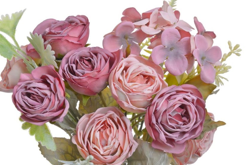 Umělá kytice 7 ranunculusů, 1 hortenzie s doplňky a listy,  květ Ø 5cm, dl. celkem 30cm