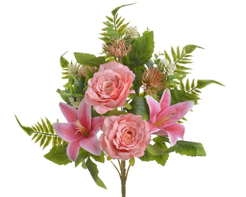Umělá kytice 2 růží, 2 lilií s doplňky a listy, růže Ø 11cm, dl. celkem 46cm
