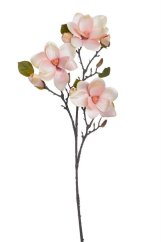 Větvička umělé magnolie s listy,  3 květy + 4 poupata, dl. 90cm