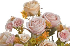 Umělá kytice růží, 6 květů s listy a doplňky  květ Ø 5cm, dl.43cm