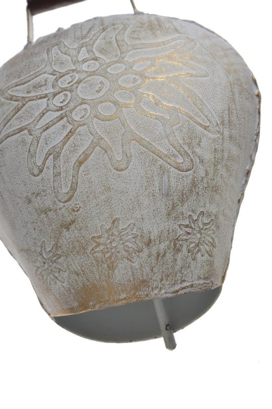 Dekorace plechový barvený kravský zvon s ornamenty 22x12cm..(14,5cmLx9cmWx14cmH) 32cmH