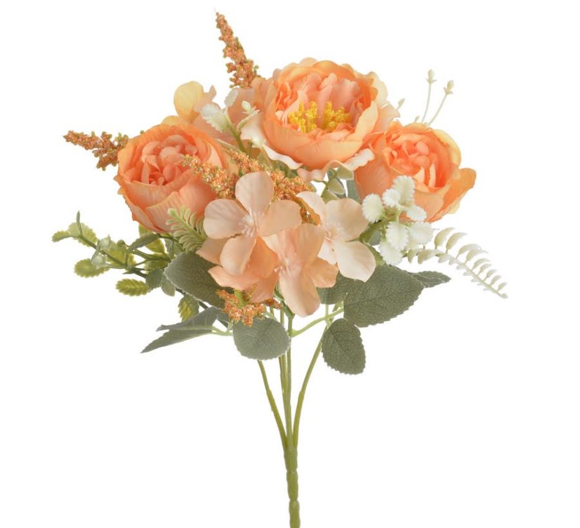 Kytice umělých hortenzií a pivoněk s doplňky a listy dl. 28cm