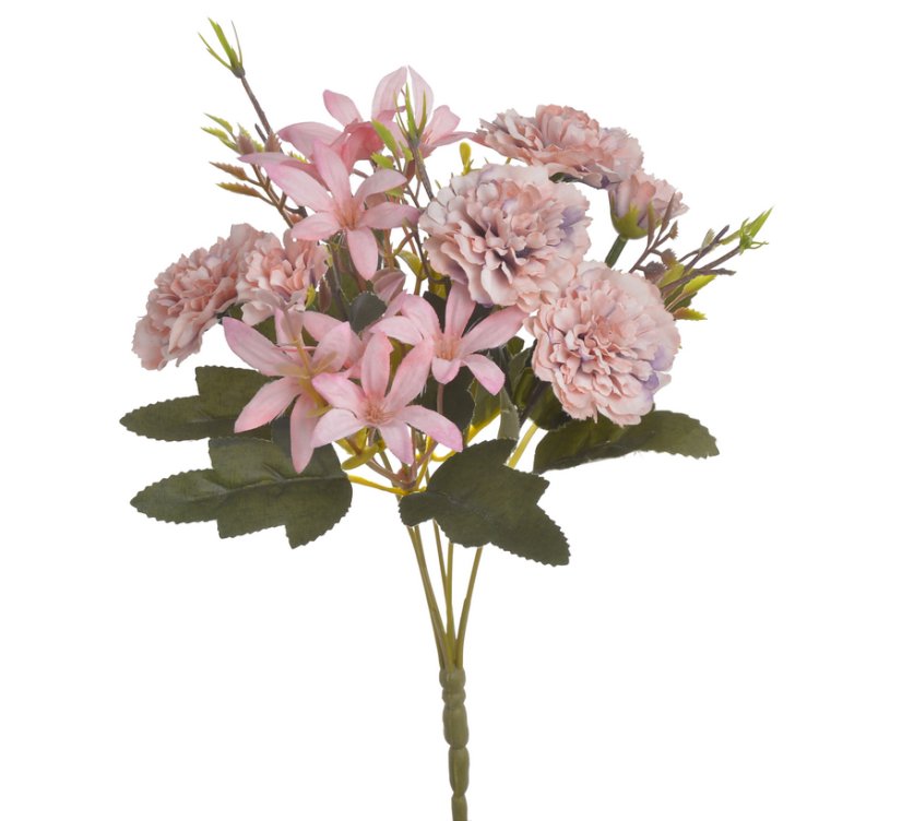 Kytička umělých karafiátů a polních květů, karafiát Ø 5cm/dl. celkem 33cm