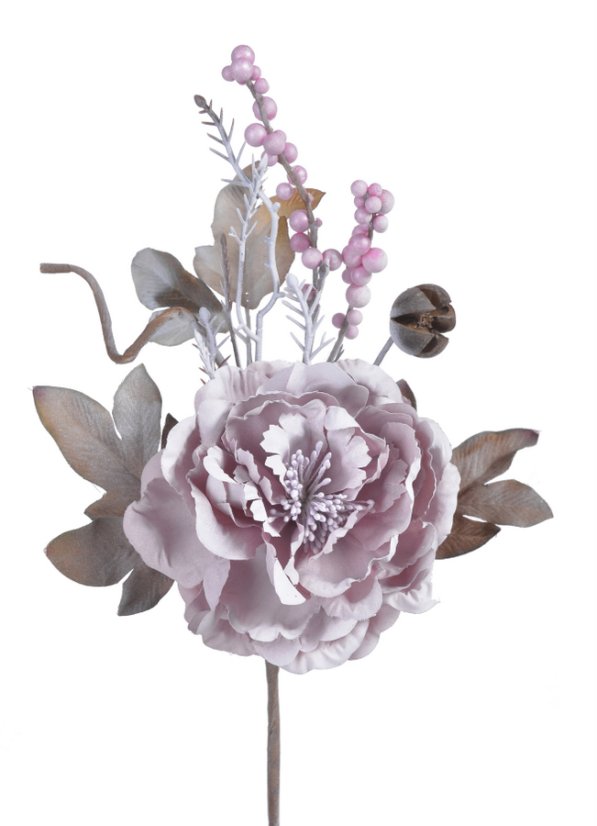 Květ umělé pivoňky s doplňky a lístky, květ Ø 9cm, zápich dl. 33cm_02