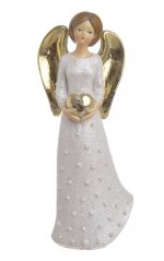 Dekorace stojící glitrovaný anděl se zlatými křídly a srdíčkem  8cmL x 5,5cmW x 21cmH