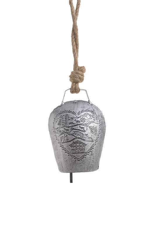 Dekorace plechový barvený kravský zvon s ornamenty (10cmLx5,5cmWx14cmH) 31cmH