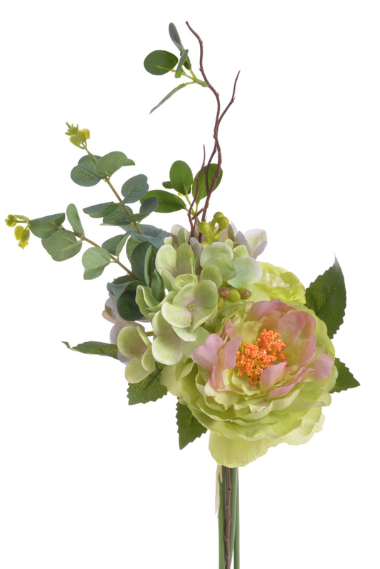 Umělá kytice mix hortenzie, pivoňka a růže s doplňky dl. 45cm