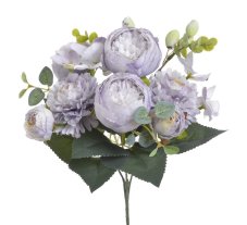 Umělá kytice míchaná z 3 růží, 2 chryzantém s doplňky a listy dl.31cm