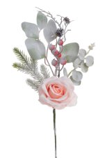 Umělá posněžená větvička s růží a doplňky,  květ Ø 8cm, dl.46cm