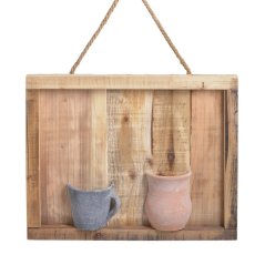 Dekorativní dřevěný rám na pověšení s keramickými nádobami na aranžování 48cmL x 7cmW x 38cmH