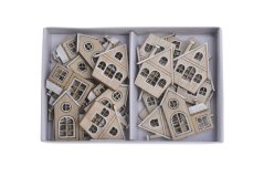 Dekorace nalepovací dřevěné domky 2 druhy 2,5-3cmLx0,2cmWx3-3,5cmH - 24ks