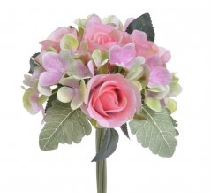 Umělá kytice růží a hortenzií s listy dl. 30cm