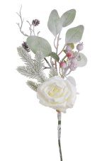 Umělá posněžená větvička s růží a doplňky,  květ Ø 8cm, dl.46cm