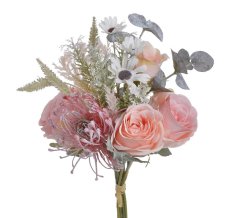 Umělá kytice míchaná z 3 růží s leucospermum, doplňky a listy,  květ Ø 7cm, dl.celkem 34cm
