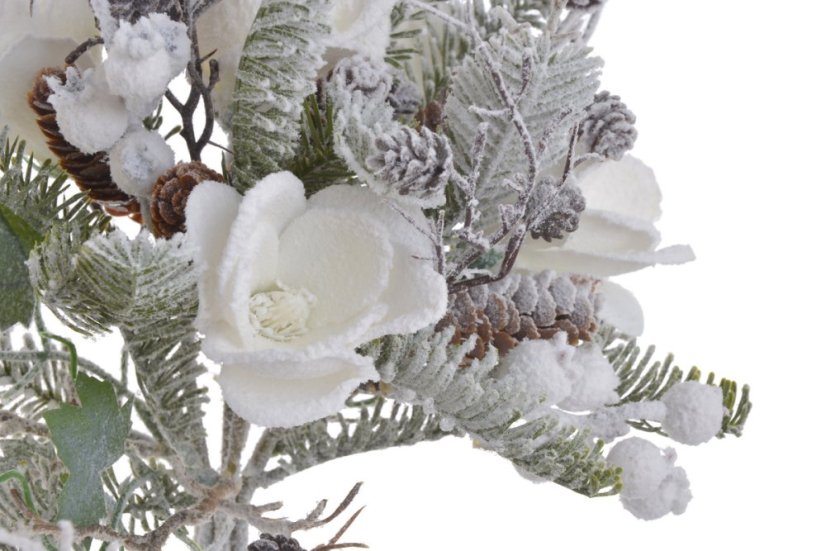 Umělá zasněžená kytice s magnolií, 36 cm