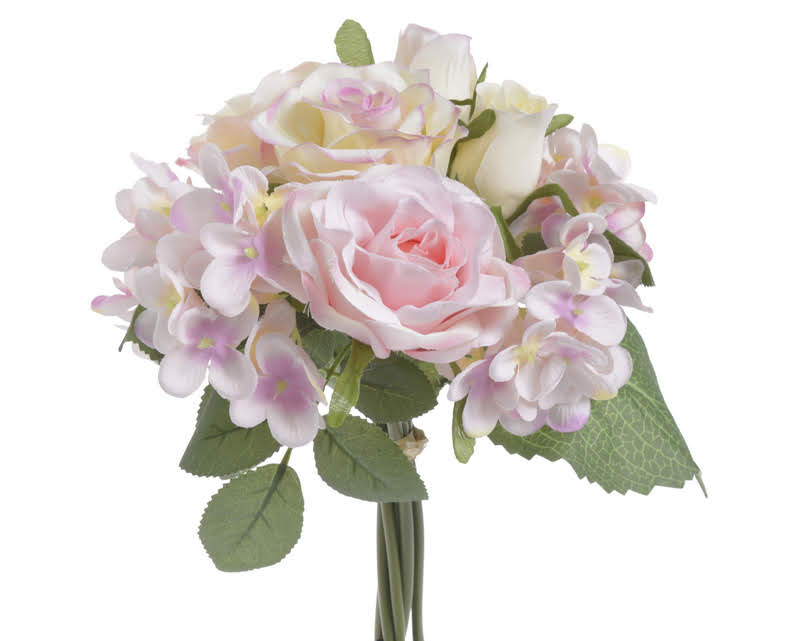 Umělá květina kytice 3 růže, 2 poupata růží a 2 hortenzie s listy, dl. 25cm