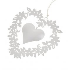 Závěsná dekorace srdce z květů + srdíčko 12 cm - bílé