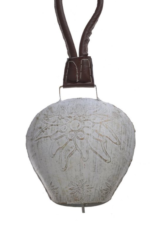 Dekorace plechový barvený kravský zvon s ornamenty 16x14cm..(11,5cmLx8cmWx12,5cmH) 27,5cmH.