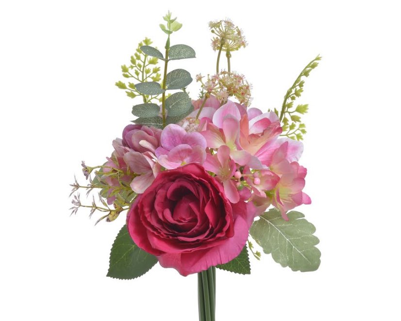 Umělá kytice z růží, hortenzií, orchidejí a doplňků dl. 37cm
