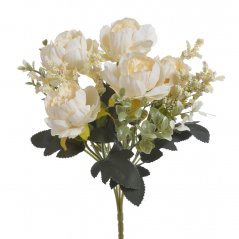 Kytice umělých růžiček s doplňky a listy, květ Ø 6cm/dl. celkem 30cm
