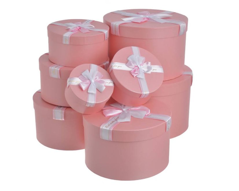 Sada kulatých dárkových krabic se stuhami 8 ks - růžová
