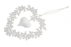 Závěsná dekorace srdce z květů + srdíčko 15 cm - bílé