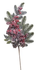 Vánoční dekorace - větvička chvojí s šípkem, bobulkami a šiškam dl. 60cm