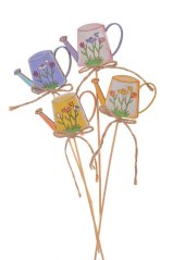 Jarní dekorace dřevěná konvička mix barev - zápich (6,5cmLx0,5cmWx4cmH) 21.5cmH - 4ks