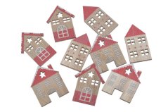 Dekorace dřevěný domek nálepka 2,4-3,2cmLx0,3cmWx4-4,5cmH - 9ks