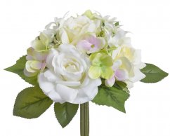 Umělá kytice míchaná z 4 růží a hortenzie s doplňky, dl. 28cm