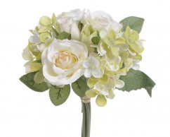 Umělá kytice 3 růží, 2 poupat a 2 hortenzií dl.25cm
