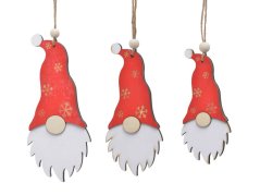 Vánoční dekorace dřevěná hlava vousatého skřítka 10/8,3/7cm - 3 ks